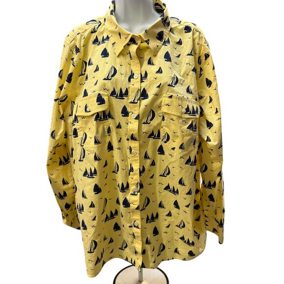 @Tab Tops - ⛵ L.L.Bean 3X-EXT Women’s Yellow Sailboat Cotton Button Shirt Coastal Prep
